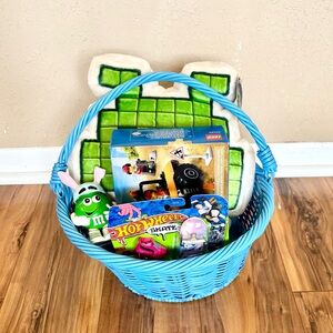Children kids Easter basket blue legos skate board pixel pillow M&M